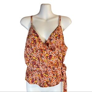 NWT Timing Orange Floral Print Faux Wrap Smocked Waist Criss-Cross Back Top